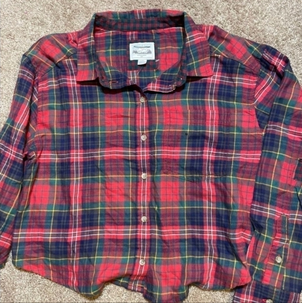 American Eagle AEO Cozy Cabin Cropped Patched Flannel Shirt Red Women's Small S - Picture 7 of 14